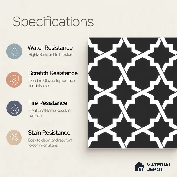 Moroccan Floor & Wall Tile TL 07650 Monochrome Arabesque Star 1 ft x 1 ft Matte Finish Vitrified Tile - 9 mm | Suitable For Bathroom, Kitchen, Entryway | Please Expect a Slight Variation of Pattern