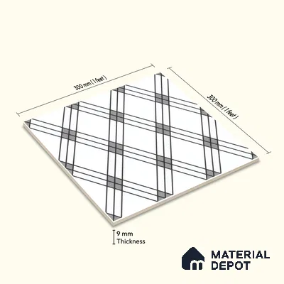 Moroccan Floor & Wall Tile TL 07652 Monochrome Linear Cross 1 ft x 1 ft Matte Finish Vitrified Tile - 9 mm | Suitable For Bathroom, Kitchen, Entryway | Please Expect a Slight Variation of Pattern