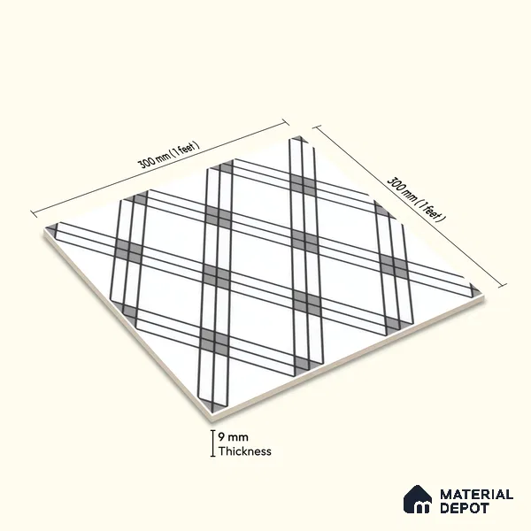 Moroccan Floor & Wall Tile TL 07652 Monochrome Linear Cross 1 ft x 1 ft Matte Finish Vitrified Tile - 9 mm | Suitable For Bathroom, Kitchen, Entryway | Please Expect a Slight Variation of Pattern