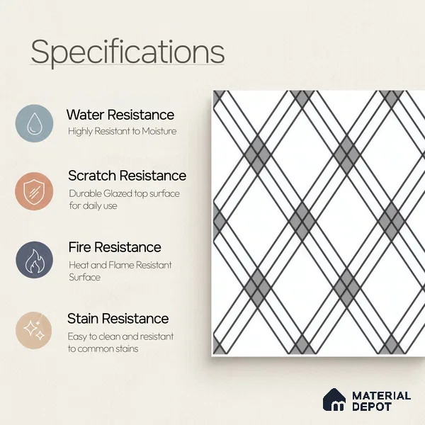Moroccan Floor & Wall Tile TL 07652 Monochrome Linear Cross 1 ft x 1 ft Matte Finish Vitrified Tile - 9 mm | Suitable For Bathroom, Kitchen, Entryway | Please Expect a Slight Variation of Pattern