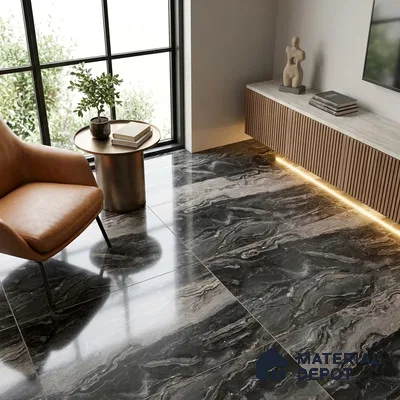 Marble Nero Marquina Wall & Floor Tile TL 07692 Charcoal Black 4 ft x 2 ft High Gloss Finish Vitrified Tile - 9 mm | Suitable For Living Room, Bedroom, Dining