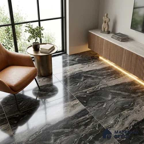 Marble Nero Marquina Wall & Floor Tile TL 07692 Charcoal Black 4 ft x 2 ft High Gloss Finish Vitrified Tile - 9 mm | Suitable For Living Room, Bedroom, Dining