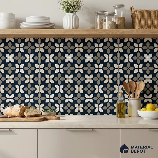 Moroccan Wall & Floor Tile TL 07698 Monochrome Blue 1 ft x 1 ft Porcelain Matte Finish - 9 mm | Suitable for Bathroom, Kitchen, Balcony | Please Expect a Slight Variation of Pattern