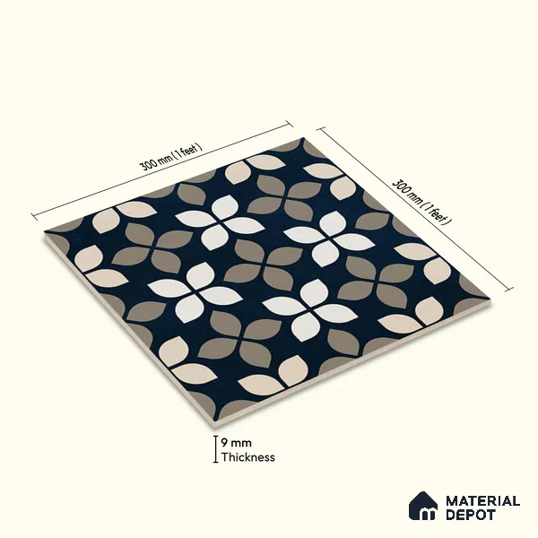 Moroccan Wall & Floor Tile TL 07698 Monochrome Blue 1 ft x 1 ft Porcelain Matte Finish - 9 mm | Suitable for Bathroom, Kitchen, Balcony | Please Expect a Slight Variation of Pattern