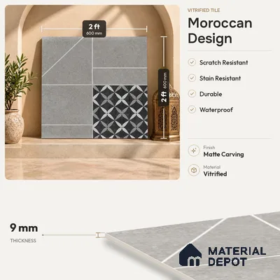 Moroccan Look Wall & Floor Tile TL 07748 B 401 HL 2 ft x 2 ft Vitrified Carving Matte Finish Tile - 9 mm | Random Design | Suitable For Courtyard, Balcony, Corridor | Please Expect a Slight Variation of Pattern