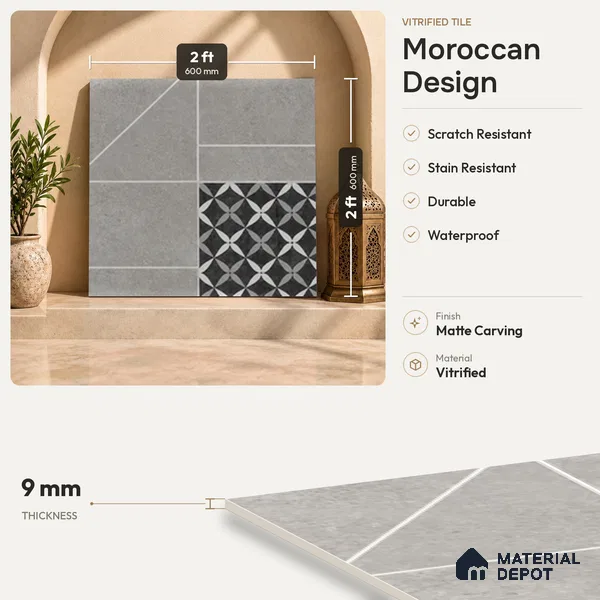 Moroccan Look Wall & Floor Tile TL 07748 B 401 HL 2 ft x 2 ft Vitrified Carving Matte Finish Tile - 9 mm | Random Design | Suitable For Courtyard, Balcony, Corridor | Please Expect a Slight Variation of Pattern