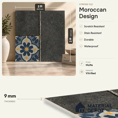 Moroccan Look Floor Tile TL 07794 B Madox Graphite 2 ft x 2 ft Vitrified Matte Finish Tile - 12 mm |  Random 2 | Suitable for Courtyard, Parking, Balcony | Please Expect a Slight Variation of Pattern