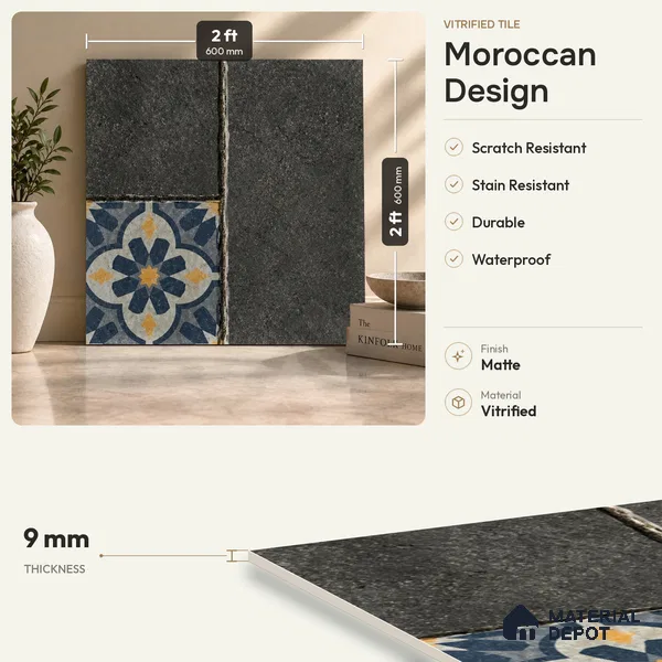 Moroccan Look Floor Tile TL 07794 B Madox Graphite 2 ft x 2 ft Vitrified Matte Finish Tile - 12 mm |  Random 2 | Suitable for Courtyard, Parking, Balcony | Please Expect a Slight Variation of Pattern