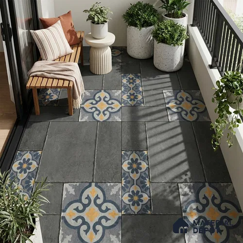 Moroccan Look Floor Tile TL 07794 B Madox Graphite 2 ft x 2 ft Vitrified Matte Finish Tile - 12 mm | Random 2 | Suitable for Courtyard, Parking, Balcony | Please Expect a Slight Variation of Pattern
