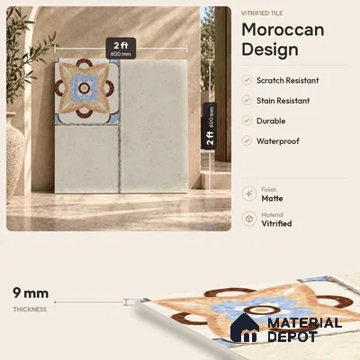 Moroccan Look Floor Tile TL 07794 Madox Crema 2 ft x 2 ft Vitrified Matte Finish Tile - 12 mm |  Random 2 | Suitable for Parking, Courtyard, Balcony | Please Expect a Slight Variation of Pattern