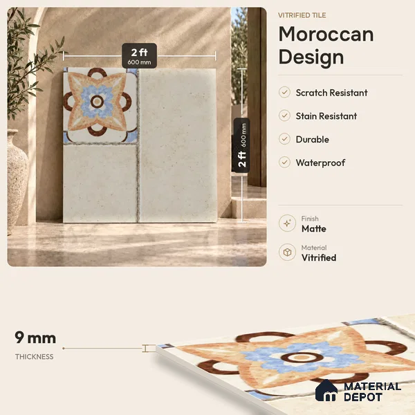 Moroccan Look Floor Tile TL 07794 Madox Crema 2 ft x 2 ft Vitrified Matte Finish Tile - 12 mm | Random 2 | Suitable for Parking, Courtyard, Balcony | Please Expect a Slight Variation of Pattern