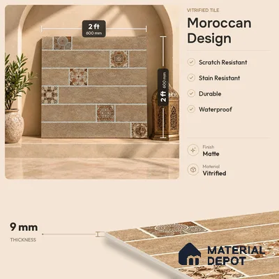 Moroccan Look Floor Tile TL 07795 Omega Gardenia 2 ft x 2 ft Vitrified Matte Finish Tile - 12 mm |  Random 2 | Suitable for Parking, Courtyard, Balcony | Please Expect a Slight Variation of Pattern