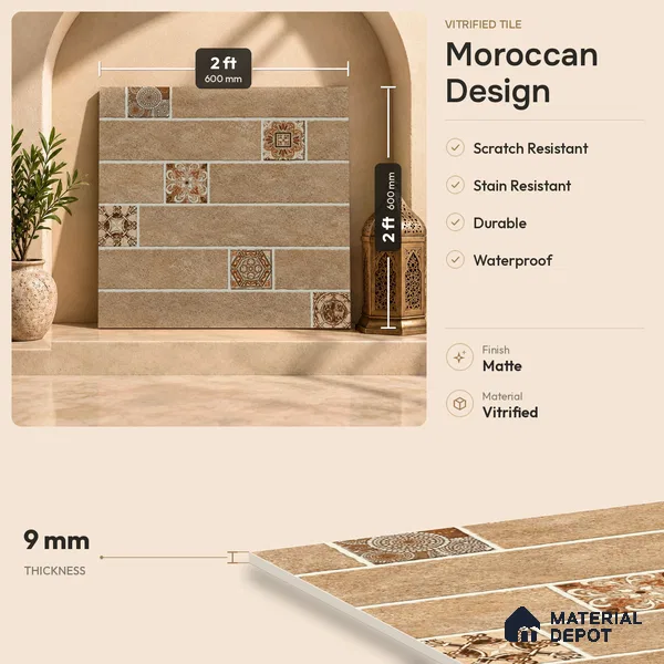 Moroccan Look Floor Tile TL 07795 Omega Gardenia 2 ft x 2 ft Vitrified Matte Finish Tile - 12 mm |  Random 2 | Suitable for Parking, Courtyard, Balcony | Please Expect a Slight Variation of Pattern