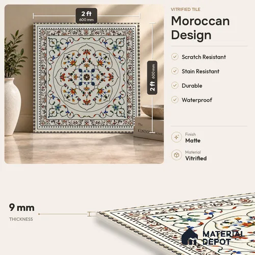 Moroccan Look Floor Tile TL 07798 Decora 08 2 ft x 2 ft Vitrified Matte Finish Tile - 12 mm | Random 2 | Suitable for Corridor, Courtyard, Balcony | Please Expect a Slight Variation of Pattern