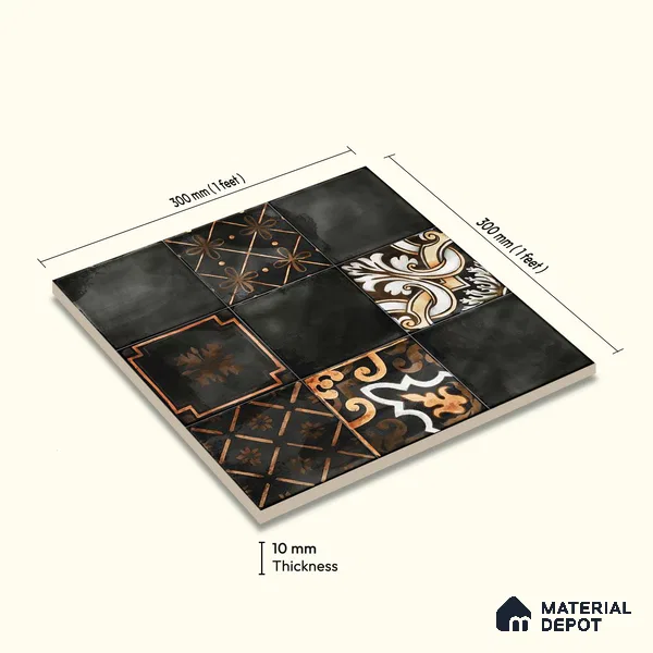 Wall Tile TL 07862 B Horizon Black Decor-2 1 ft x 1 ft Ceramic Glossy Finish - 9.5 mm | Suitable for Kitchen, Bathroom & Balcony Walls | Please Expect a Slight Variation of Pattern