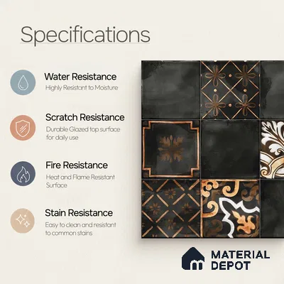 Wall Tile TL 07862 B Horizon Black Decor-2 1 ft x 1 ft Ceramic Glossy Finish - 9.5 mm | Suitable for Kitchen, Bathroom & Balcony Walls | Please Expect a Slight Variation of Pattern