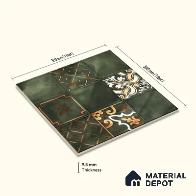 Wall Tile TL 07862 Horizon Emerald Decor-2 1 ft x 1 ft Ceramic Glossy Finish - 9.5 mm | Suitable for Kitchen, Bathroom & Balcony Walls | Please Expect a Slight Variation of Pattern