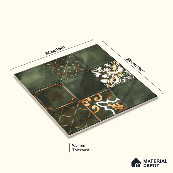 Wall Tile TL 07862 Horizon Emerald Decor-2 1 ft x 1 ft Ceramic Glossy Finish - 9.5 mm | Suitable for Kitchen, Bathroom & Balcony Walls | Please Expect a Slight Variation of Pattern