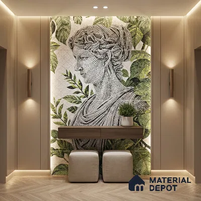 Faux Mosaic Mural Poster Wall Tile TL 07907 Sculpted Muse 4 ft x 2 ft Vitrified Glossy Punch Finish - 9 mm | Suitable For Living Room, Bedroom & Office
