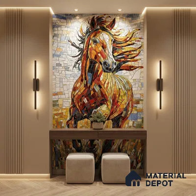 Faux Mosaic Mural Poster Wall Tile TL 07909 Racing Horse 4 ft x 2 ft Vitrified Glossy Punch Finish - 9 mm | Suitable For Living Room, Bedroom & Office