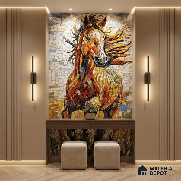 Faux Mosaic Mural Poster Wall Tile TL 07909 Racing Horse 4 ft x 2 ft Vitrified Glossy Punch Finish - 9 mm | Suitable For Living Room, Bedroom & Office