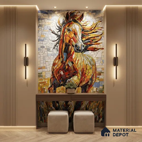 Faux Mosaic Mural Poster Wall Tile TL 07909 Racing Horse 4 ft x 2 ft Vitrified Glossy Punch Finish - 9 mm | Suitable For Living Room, Bedroom & Office