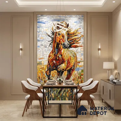 Faux Mosaic Mural Poster Wall Tile TL 07909 Racing Horse 4 ft x 2 ft Vitrified Glossy Punch Finish - 9 mm | Suitable For Living Room, Bedroom & Office