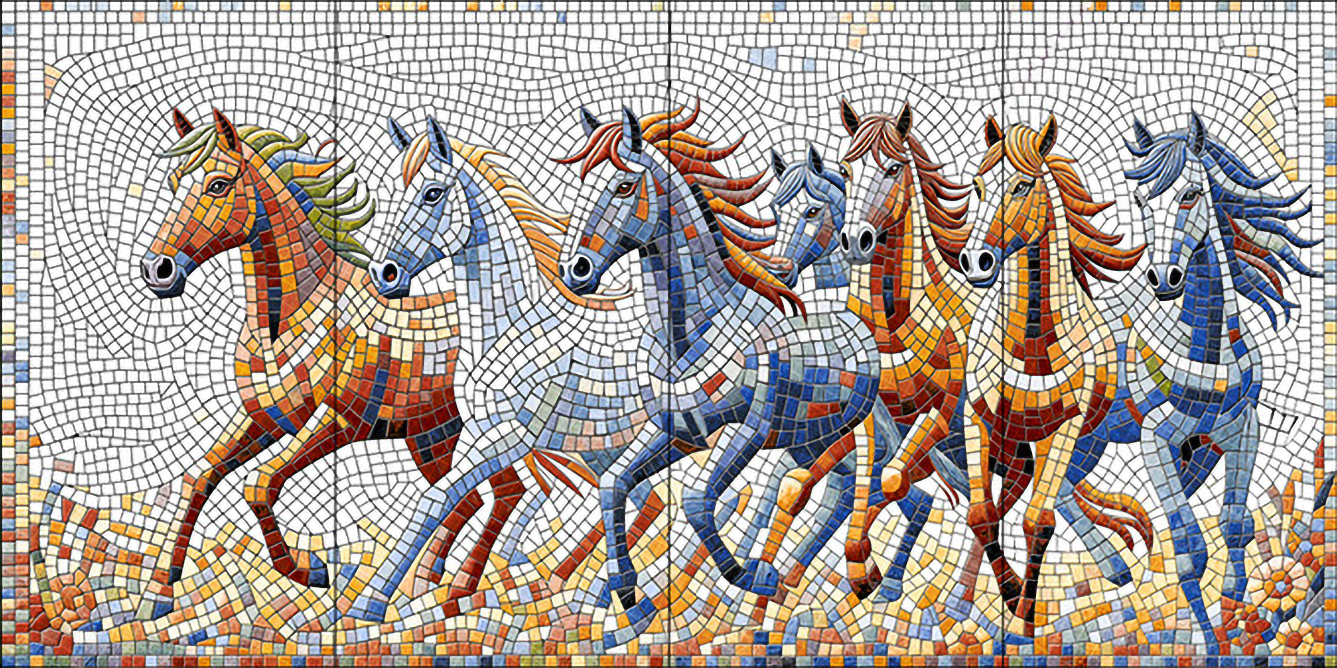 Faux Mosaic Mural Poster Wall Tile TL 07910 Freedom Horse 4 ft x 2 ft Vitrified Glossy Punch Finish - 9 mm | Suitable For Living Room, Bedroom & Office