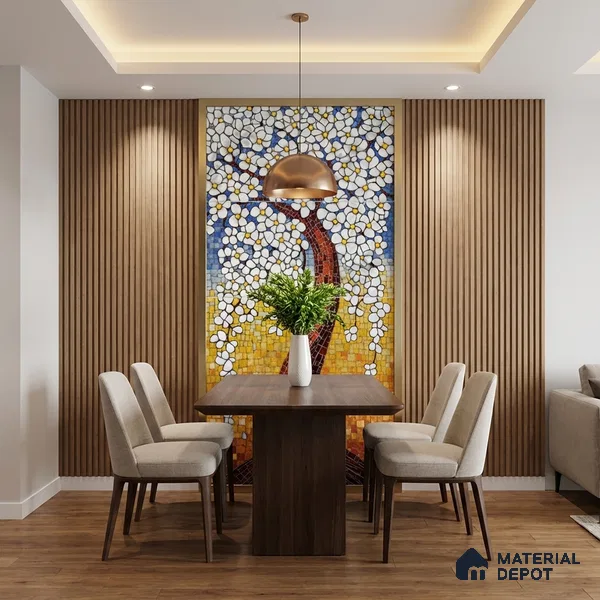 Faux Mosaic Mural Poster Wall Tile TL 07918 White Tree 4 ft x 2 ft Vitrified Glossy Punch Finish - 9 mm | Suitable For Living Room, Bedroom & Office