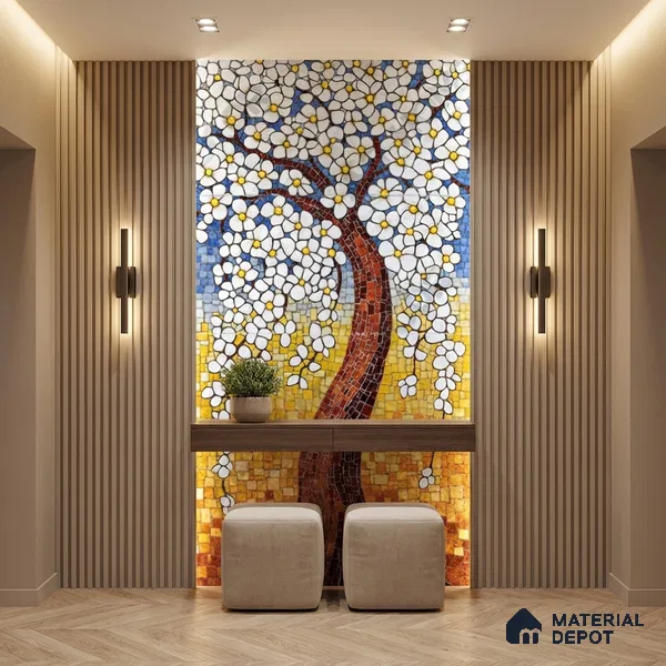 Faux Mosaic Mural Poster Wall Tile TL 07918 White Tree 4 ft x 2 ft Vitrified Glossy Punch Finish - 9 mm | Suitable For Living Room, Bedroom & Office