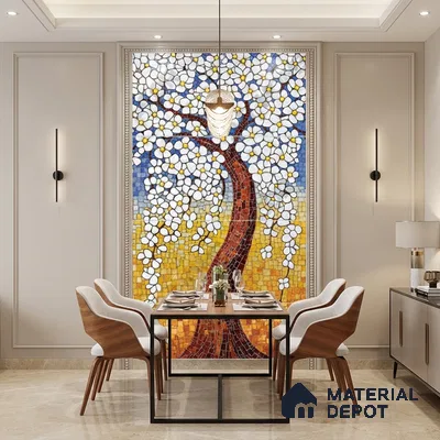 Faux Mosaic Mural Poster Wall Tile TL 07918 White Tree 4 ft x 2 ft Vitrified Glossy Punch Finish - 9 mm | Suitable For Living Room, Bedroom & Office