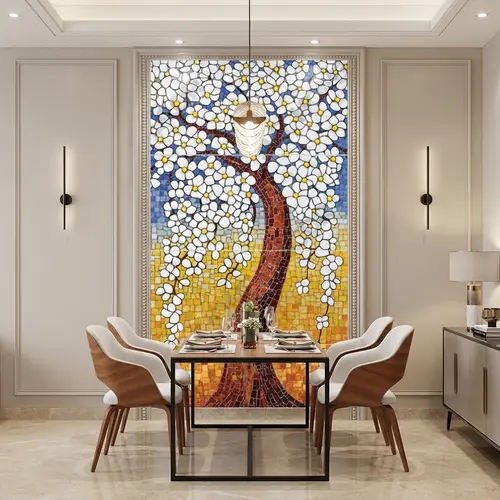 Faux Mosaic Mural Poster Wall Tile TL 07918 White Tree 4 ft x 2 ft Vitrified Glossy Punch Finish - 9 mm | Suitable For Living Room, Bedroom & Office