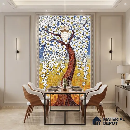 Faux Mosaic Mural Poster Wall Tile TL 07918 White Tree 4 ft x 2 ft Vitrified Glossy Punch Finish - 9 mm | Suitable For Living Room, Bedroom & Office