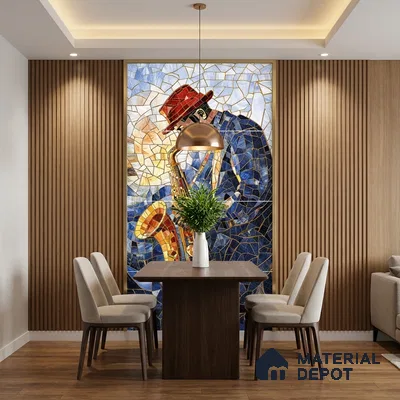Faux Mosaic Mural Poster Wall Tile TL 07919 Trumpet Man 4 ft x 2 ft Vitrified Glossy Punch Finish - 9 mm | Suitable For Living Room, Bedroom & Office