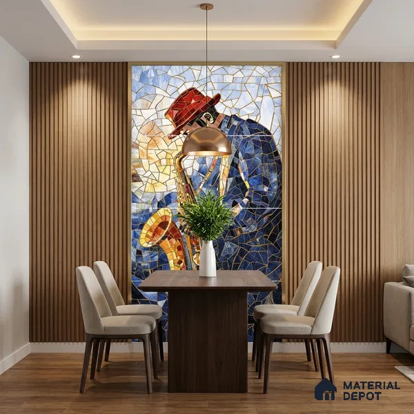 Faux Mosaic Mural Poster Wall Tile TL 07919 Trumpet Man 4 ft x 2 ft Vitrified Glossy Punch Finish - 9 mm | Suitable For Living Room, Bedroom & Office