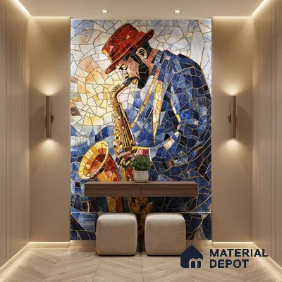 Faux Mosaic Mural Poster Wall Tile TL 07919 Trumpet Man 4 ft x 2 ft Vitrified Glossy Punch Finish - 9 mm | Suitable For Living Room, Bedroom & Office
