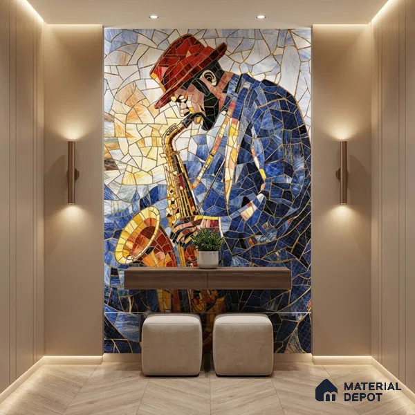 Faux Mosaic Mural Poster Wall Tile TL 07919 Trumpet Man 4 ft x 2 ft Vitrified Glossy Punch Finish - 9 mm | Suitable For Living Room, Bedroom & Office