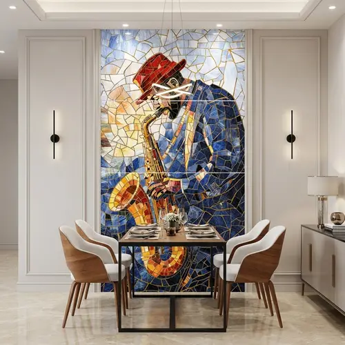 Faux Mosaic Mural Poster Wall Tile TL 07919 Trumpet Man 4 ft x 2 ft Vitrified Glossy Punch Finish - 9 mm | Suitable For Living Room, Bedroom & Office