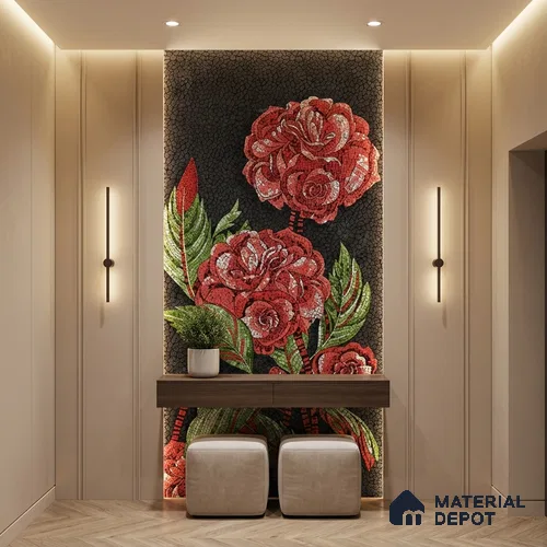 Faux Mosaic Mural Poster Wall Tile TL 07920 Crimson Rose 4 ft x 2 ft Vitrified Glossy Punch Finish - 9 mm | Suitable For Living Room, Bedroom & Office