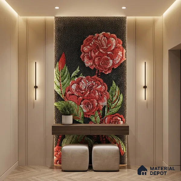 Faux Mosaic Mural Poster Wall Tile TL 07920 Crimson Rose 4 ft x 2 ft Vitrified Glossy Punch Finish - 9 mm | Suitable For Living Room, Bedroom & Office