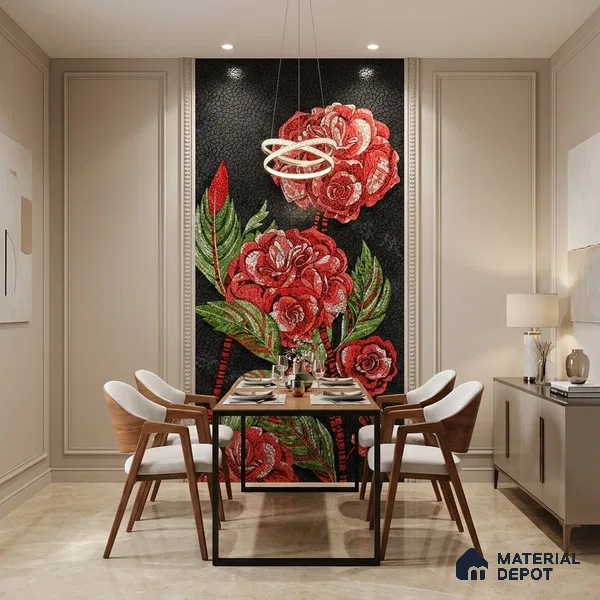 Faux Mosaic Mural Poster Wall Tile TL 07920 Crimson Rose 4 ft x 2 ft Vitrified Glossy Punch Finish - 9 mm | Suitable For Living Room, Bedroom & Office
