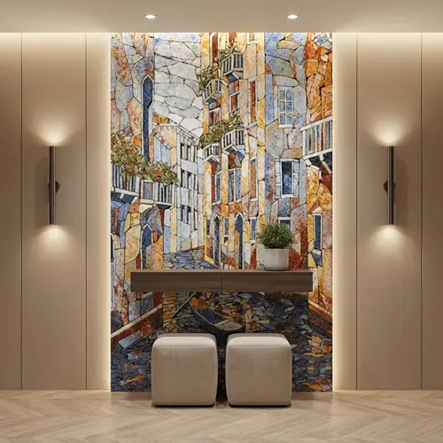 Faux Mosaic Mural Poster Wall Tile TL 07924 Rowboat City 4 ft x 2 ft Vitrified Glossy Punch Finish - 9 mm | Suitable For Living Room, Bedroom & Office