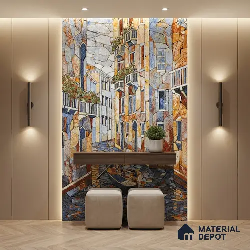 Faux Mosaic Mural Poster Wall Tile TL 07924 Rowboat City 4 ft x 2 ft Vitrified Glossy Punch Finish - 9 mm | Suitable For Living Room, Bedroom & Office