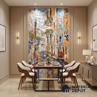 Faux Mosaic Mural Poster Wall Tile TL 07924 Rowboat City 4 ft x 2 ft Vitrified Glossy Punch Finish - 9 mm | Suitable For Living Room, Bedroom & Office