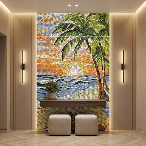 Faux Mosaic Mural Poster Wall Tile TL 07925 Palm Beach 4 ft x 2 ft Vitrified Glossy Punch Finish - 9 mm | Suitable For Living Room, Bedroom & Office