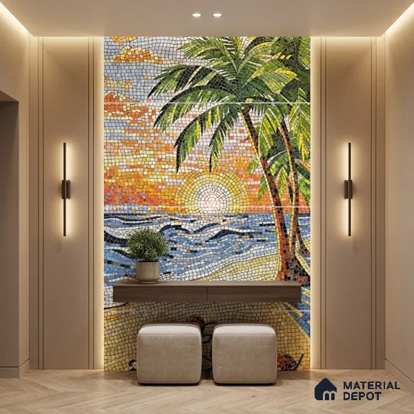 Faux Mosaic Mural Poster Wall Tile TL 07925 Palm Beach 4 ft x 2 ft Vitrified Glossy Punch Finish - 9 mm | Suitable For Living Room, Bedroom & Office