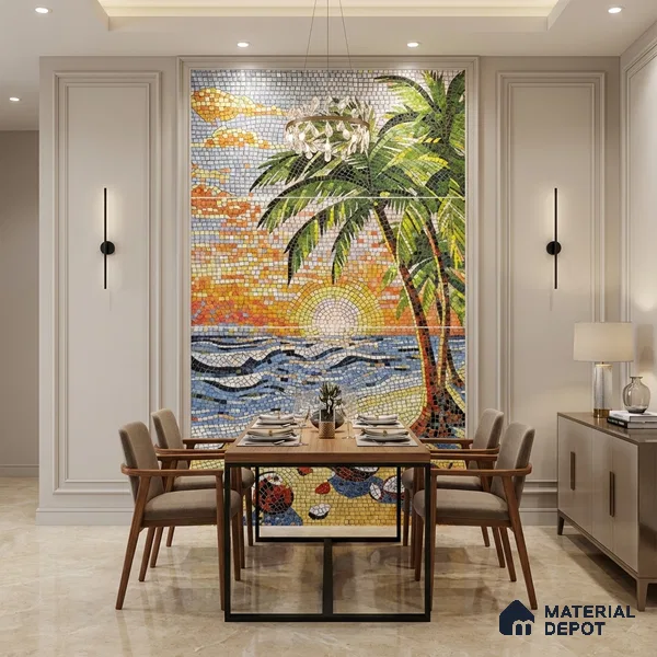 Faux Mosaic Mural Poster Wall Tile TL 07925 Palm Beach 4 ft x 2 ft Vitrified Glossy Punch Finish - 9 mm | Suitable For Living Room, Bedroom & Office