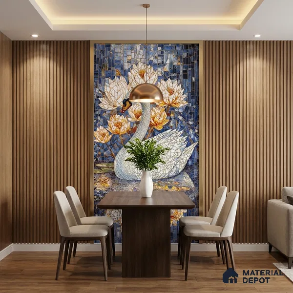 Faux Mosaic Mural Poster Wall Tile TL 07927 Elegant Swan 4 ft x 2 ft Vitrified Glossy Punch Finish - 9 mm | Suitable For Living Room, Bedroom & Office