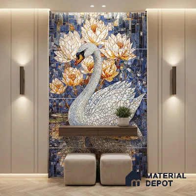 Faux Mosaic Mural Poster Wall Tile TL 07927 Elegant Swan 4 ft x 2 ft Vitrified Glossy Punch Finish - 9 mm | Suitable For Living Room, Bedroom & Office