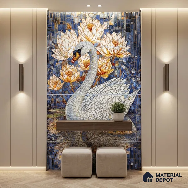 Faux Mosaic Mural Poster Wall Tile TL 07927 Elegant Swan 4 ft x 2 ft Vitrified Glossy Punch Finish - 9 mm | Suitable For Living Room, Bedroom & Office